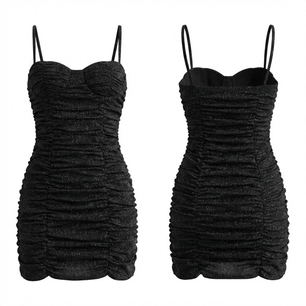 Spaghetti Straps Ruched Dress 01 in Black